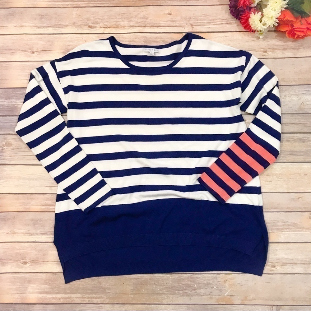 Larsen Gray Small Striped Sweater High Low Hem